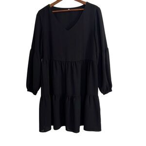 V-Neck Tiered Long Sleeve Unlined Pullover Mini Dress Black Size Small